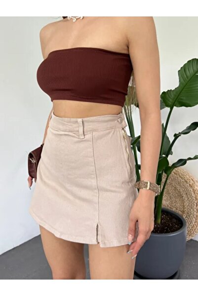 Genel Markalar Kadın Yırtmaç Detaylı Kısa Denim Şort Etek