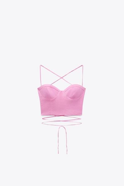 urban royce Sırtı İp Bağlamalı Pembe Crop Top