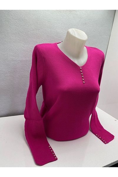 Tuğra PEARL Rhinestone V-NECK LYCRAL KNITTED SLITTER TROPHY STONE DETAIL MOTHER'S WOMEN'S SWEATER