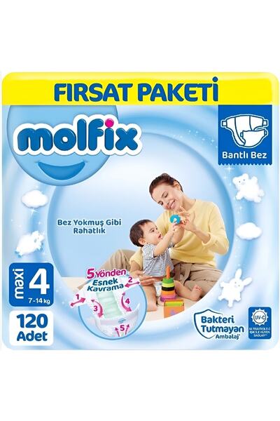 Molfix حفاضات أطفال مقاس 4 (7-14 كجم) عبوة حفاضات أطفال ماكسي الفرصة 120 قطعة
