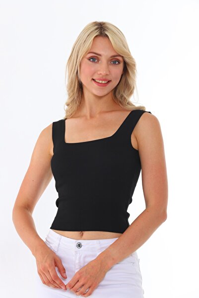 Arvin Women's Black Sleeveless Blouse Thick Strap Athlete Slim Summer Square Collar Knitwear Crop Top