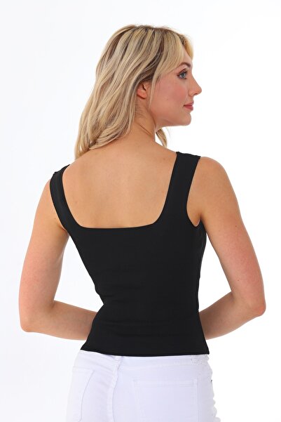 Arvin Women's Black Sleeveless Blouse Thick Strap Athlete Slim Summer Square Collar Knitwear Crop Top