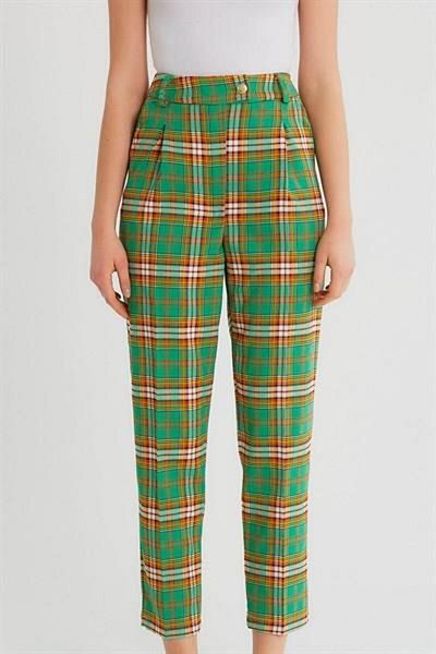 Giyim Dünyası Green Plaid Patterned Women's Trousers