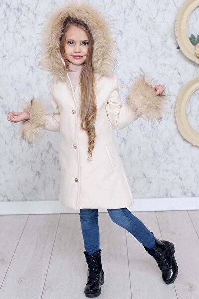 Riccotarz Girl's Double Pocket Fur Detailed Ecru Stash Coat