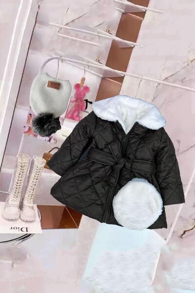 Riccotarz Girl's Fur Collar, Plush Bag, Quilted Black Coat