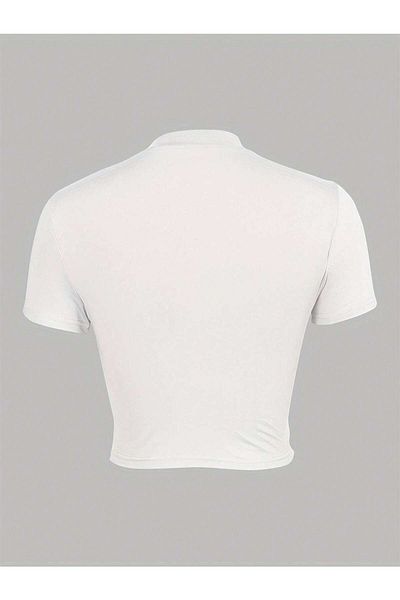 Jose Clothing Λευκό εμπριμέ γυναικείο Crop Top - Κοντό μανίκι, μπλούζα που εφαρμόζει στο σώμα