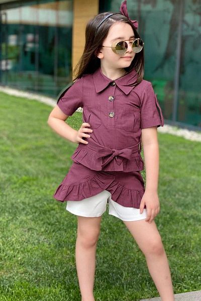 Riccotarz Girl's Belted Purple Tunic with Button Detail and Ruffled Skirt