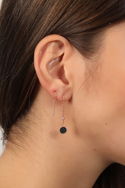 Bilsen Store 925 Ayar Gümüş Zincirli Rose Kaplama Siyah Zirkon Taşlı Toplu Güneş Küpe