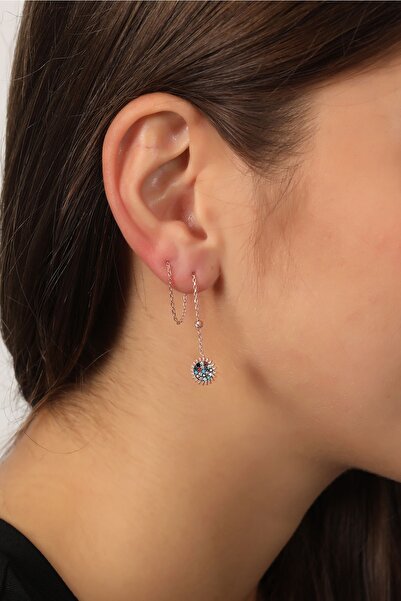 Bilsen Store 925 Ayar Gümüş Zincirli Rose Kaplama Mix Taşlı Güneş Model Küpe