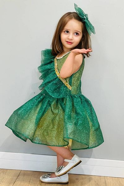 Riccotarz Girl's Frill Detailed Stone Embroidered Glitter Water Green Evening Dress Age 3-11