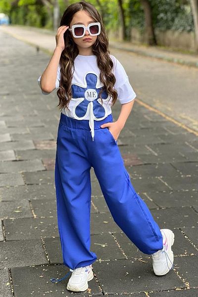 Riccotarz Girl's Crew Neck Blue Tracksuit with Printed Rope Detail