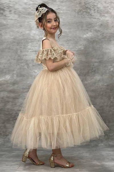 Riccotarz Girl's Beige Evening Dress with Transparent Collar, Off-the-Shoulder, Guipure Embroidered Chest and Sleeves