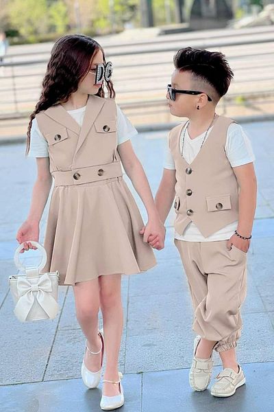 Riccotarz Girl's Waist Cuffed Button Detailed Vest Beige Skirt Suit Age 3-12
