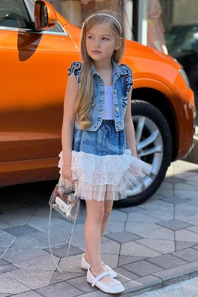 Riccotarz Girl's Frilly Shoulder Double Pocket Guipure Embroidered Light Blue Skirt Suit