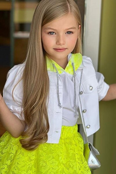 Riccotarz Girl's Guipure Embroidered Hooded Layered Tulle Neon Yellow Skirt Suit