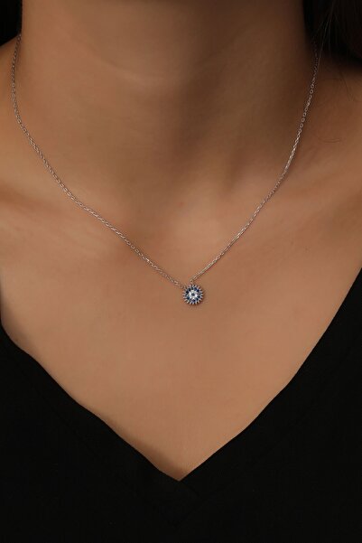 Bilsen Store 925 Ayar Gümüş Zincirli Mavi Beyaz Zirkon Taşlı Güneş Model Kolye