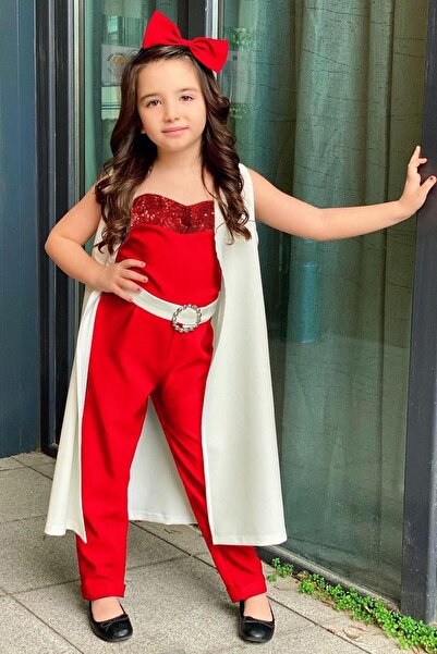 Riccotarz Girl's Belted Vest with Sequin Detail Strapless Cut Red Jumpsuit Age 2-12