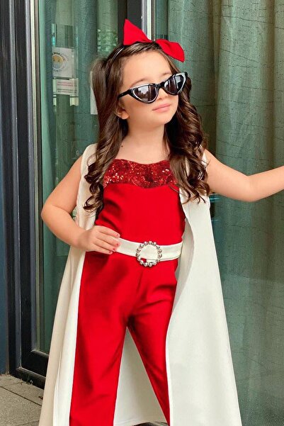 Riccotarz Girl's Belted Vest with Sequin Detail Strapless Cut Red Jumpsuit Age 2-12