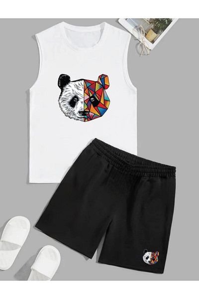 Serays moda Panda printed zero sleeve girl boy shorts set