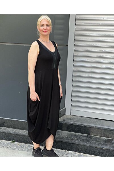 NUR TEKSTİL Kadın Siyah Viskon Pamuklu Penye kolsuz Önü Fermuarlı Şalvar Elbise