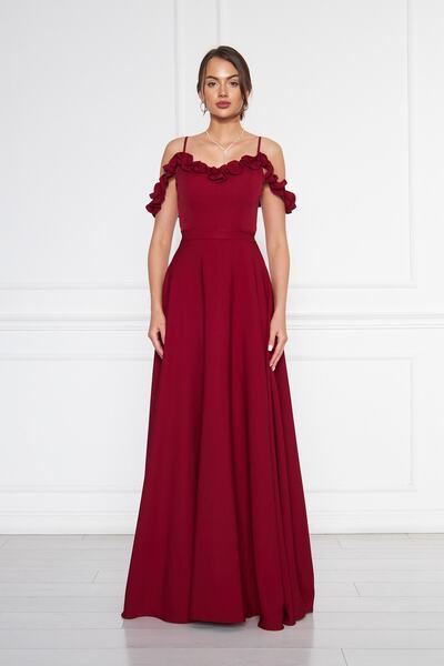 NO48 فستان سهرة طويل من القماش المنسوج مع تفاصيل ياقة مكشكشة باللون العنابي و...