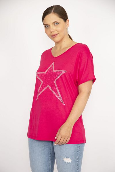 Şans Women's Fujya Plus Size Stone Detailed Short Sleeve Blouse 65n35654