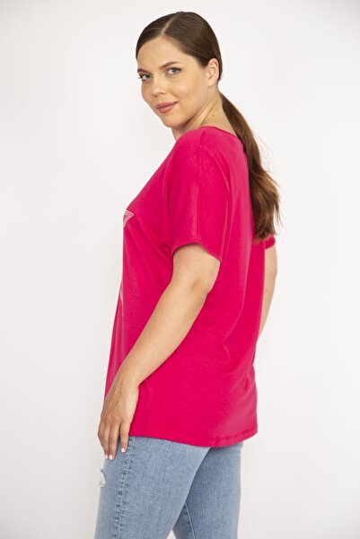 Şans Γυναικεία κοντομάνικη μπλούζα με λεπτομέρεια Fujya Plus Size Stone 65n35654