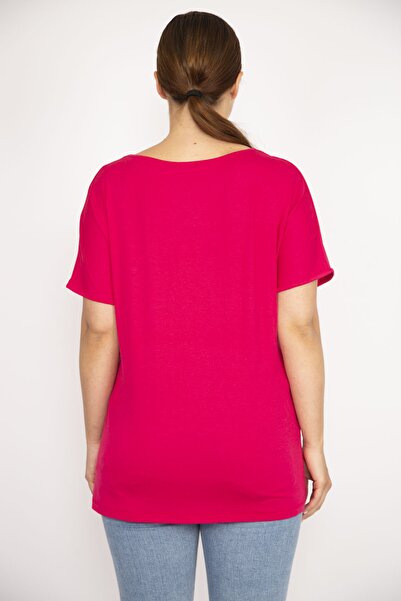 Şans Γυναικεία κοντομάνικη μπλούζα με λεπτομέρεια Fujya Plus Size Stone 65n35654