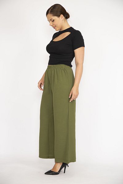Şans Women's Khaki Large Size Aerobin Fabric Elastic Waist Wide Leg Trousers 65n36530