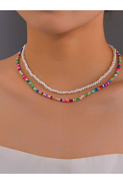 muptejewelry Mupten Karışık Mix Kum Boncuklu 4MM İnci Detaylı Kolye