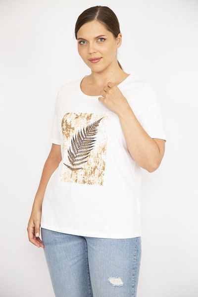 Şans Women's Bone Large Size Cotton Fabric Crew Neck Short Sleeve Front Printed Blouse 65n36540