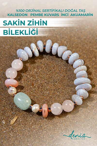 Deniz Doğal Taş Sertifikalı Doğal Taşlı Sakin Zihin Bilekliği, Kalsedon, İnci...