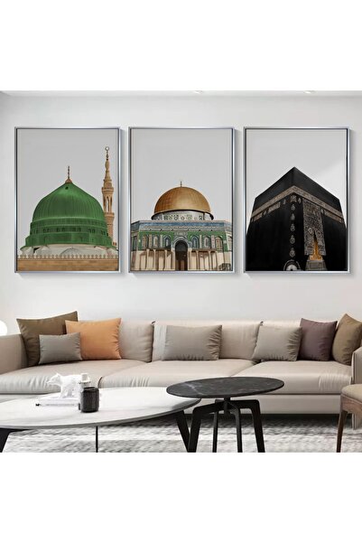 nerzen Kâbe, Mescid-i Nebevî, Kubbet'üs-sahra Dini Tasarım Metal Çerçeveli Ka...