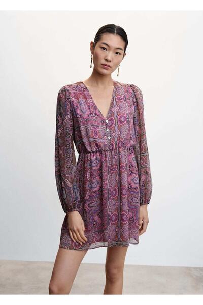 MANGO Woman Düğmeli Şal Desenli Elbise