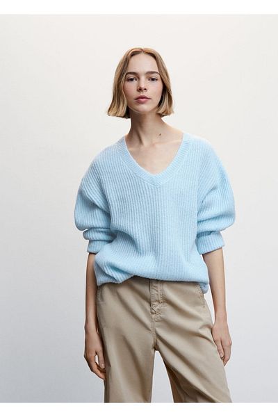 MANGO Woman Pulover din tricot din cauciuc cu decolteu în V