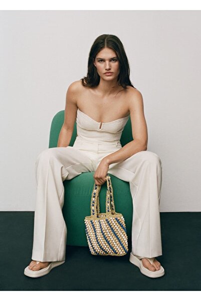 MANGO Woman Boncuklu Doğal Elyaf Çanta