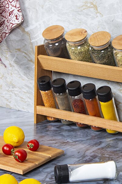 KukiWood طقم توابل لوكا، طقم توابل مع حامل خشبي وغطاء للمكنسة الكهربائية