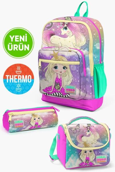 Coral High Kids Pembe Su Yeşili Unicornlu Kız Desenli 3’lü Okul Çanta Seti GO...