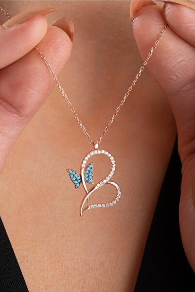 Nereze 925 Ayar Gümüş Kelebek Detay Kalp Tasarım Kolye