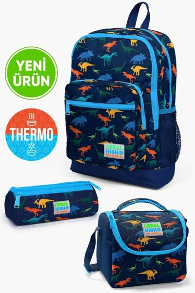 Coral High Kids Lacivert Mavi Dinazor Desenli Kalemlik,Beslenme,3’lü Okul Çan...