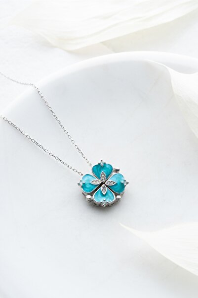 Nereze 925 Ayar Gümüş Mıknatıslı Ayrılabilir Su Yeşili Mineli 4 Kalpli Yonca Kolye