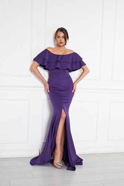 NO48 Rochie de pește de seară, mov, decolteu barcă, detaliu cu volan, țesătur...