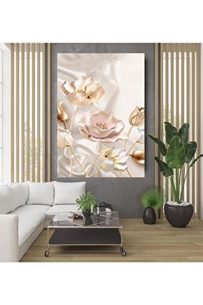 EMİLART BEYAZ GOLD PUDRA ÇİÇEK KANVAS TABLO