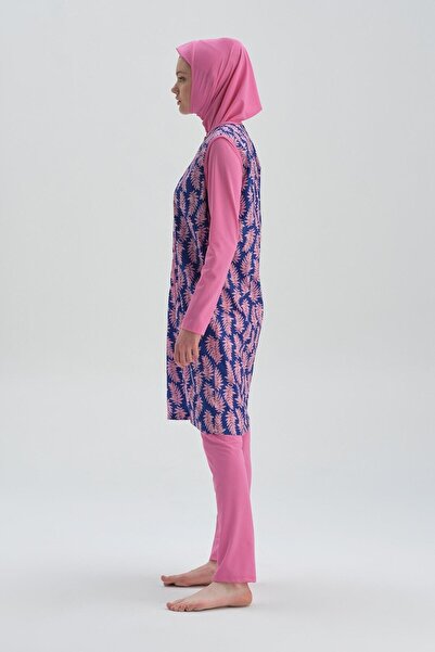 Dagi yelekli tam kapalı boneli Pembe Tesettür mayo set