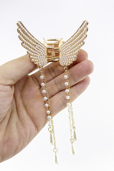 Nera Classy Pearl Chain Dangle Latch Buckle, Winged Pearl Buckle Stainless 1 Piece