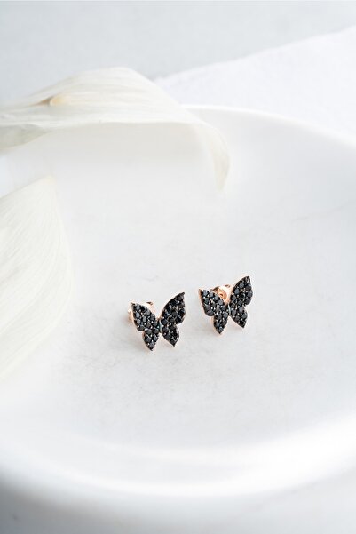 Nereze 925 Ayar Gümüş Minik Siyah Taşlı Kelebek Küpe