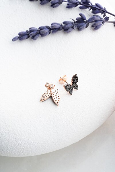 Nereze 925 Ayar Gümüş Minik Siyah Taşlı Kelebek Küpe