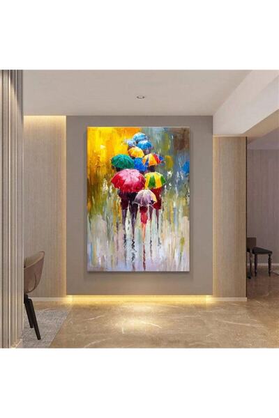 KanvasSepeti Yağlı Boya Görünümlü Yağmurda Renkli Şemsiyeler Ve Insanlar Kanv...