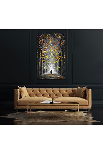 Tablo Deposu Fallen Leaves and Walking Couple Canvas Smiley Painting