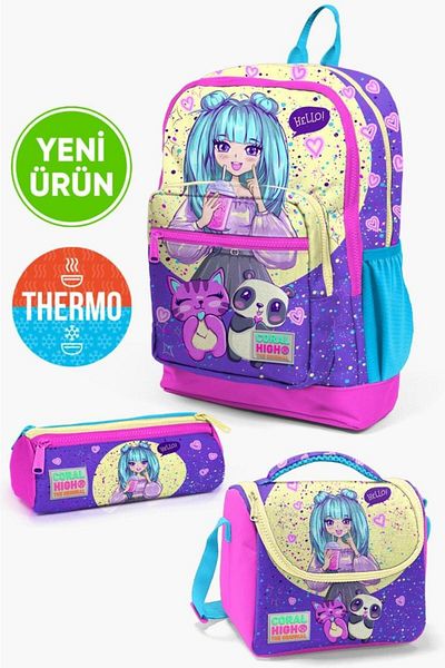 Coral High Kids Purple Pink Anime Girl Patterned Pen Holder, Nutrition, 3-Piece School Bag Set GOSET0123735